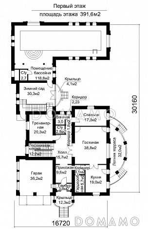 Проект двухэтажного дома с пристроенным бассейном / План 1 этажа