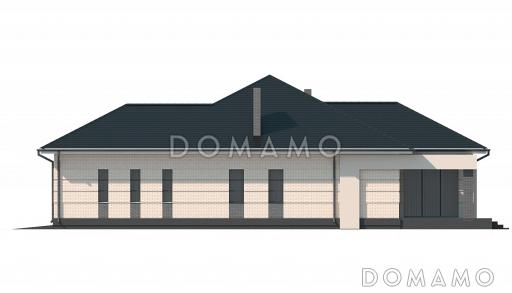 Проект одноэтажного дома с широкой террасой, кухней-столовой, гаражом / Фасад 4