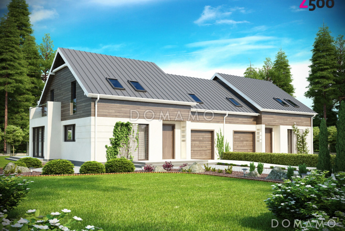 Проект современных мансардных домов-близнецов из кирпича с гаражом, тремя спальнями и балконом