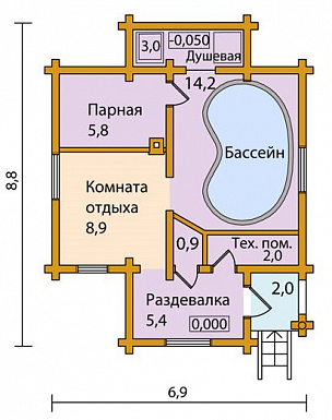 Проект небольшой одноэтажной бани с бассейном / План 1 этажа