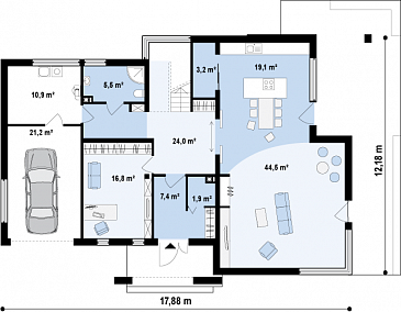 Проект современного двухэтажного дома в стиле хай-тек из кирпича с плоской крышей, гаражом и балконом / План 1 этажа