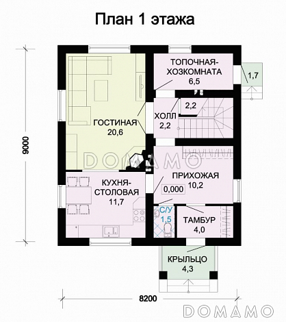 Проект дома из пеноблоков с просторной гостиной и двумя балконами / План 1 этажа