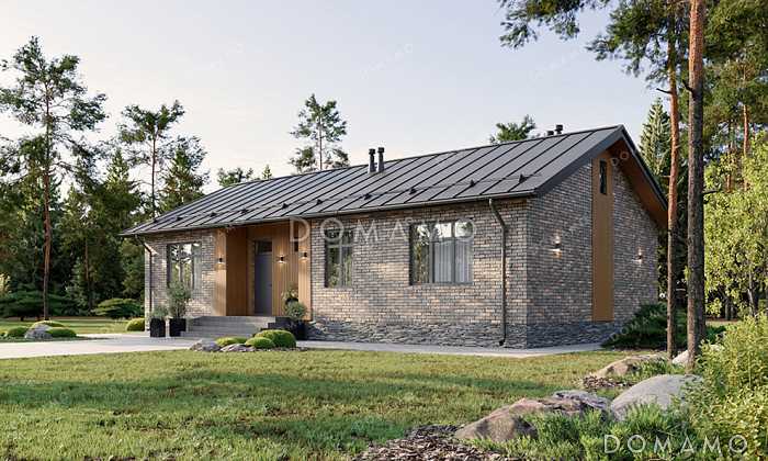 Проект прямоугольного одноэтажного дома с двухскатной фальцевой кровлей, вторым светом и классической отделкой облицовочным кирпичом и планкеном