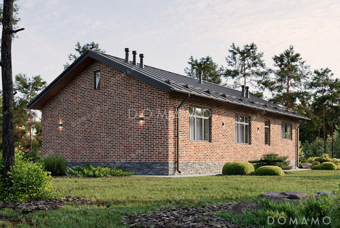 Проект одноэтажного дома с двускатной крышей, 4 спальнями и совмещенной кухней-гостиной