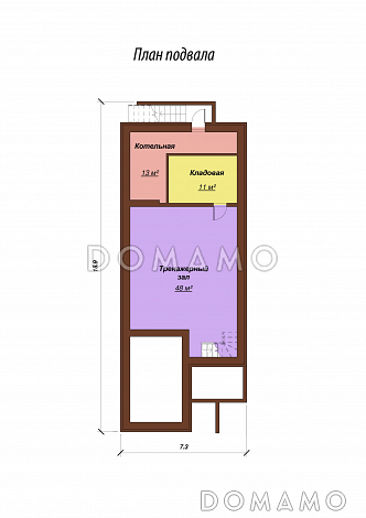 Проект одноэтажного дома с мансардным и цокольным этажами, с гаражом / План цокольного этажа