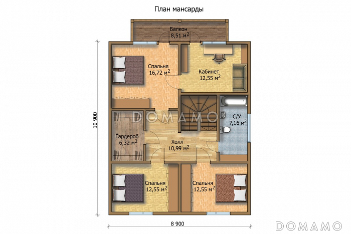 Проект деревянного дома с кухней, столовой и гостиной / План мансардного этажа