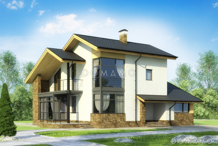 Проект дома с кухней-столовой с выходом на террасу, двумя спальнями на первом этаже, длинным балконом