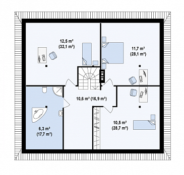 Проект большого одноэтажного мансардного дома из кирпича с тремя спальнями на каждом этаже / План мансардного этажа