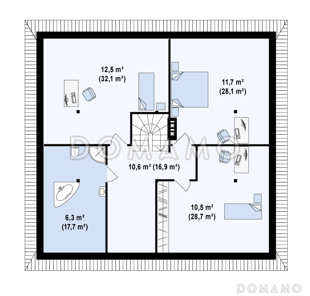 Проект большого одноэтажного мансардного дома из кирпича с тремя спальнями на каждом этаже / План мансардного этажа
