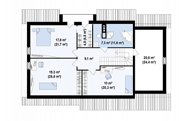 Проект одноэтажного мансардного дома из газобетона со встроенным гаражом и угловой террасой / План мансардного этажа