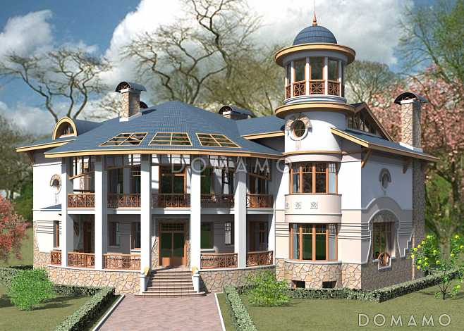 Проект коттеджа с круглым холлом и башенкой