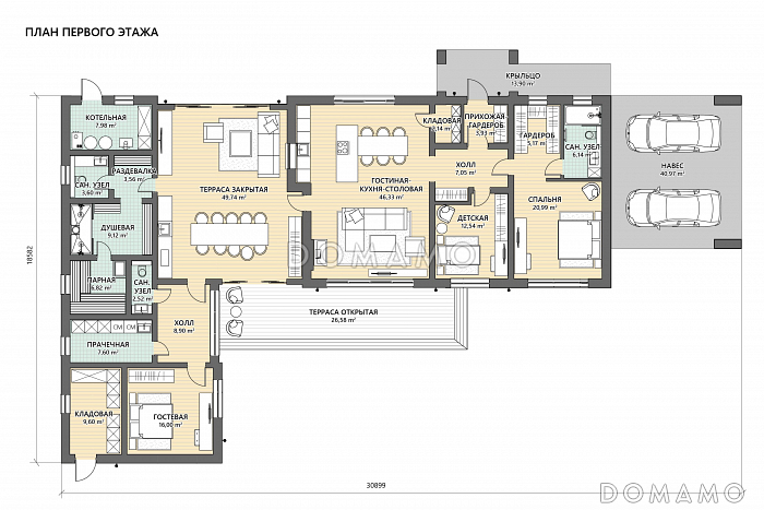 Проект сблокированного Г-образного дома с мастер-спальней, сауной, утепленной террасой / План 1 этажа