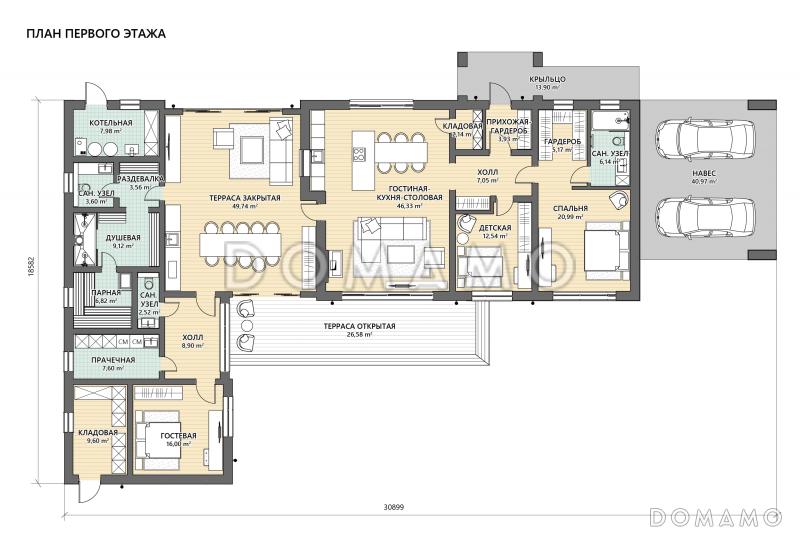 Проект сблокированного Г-образного дома с мастер-спальней, сауной, утепленной террасой / План 1 этажа