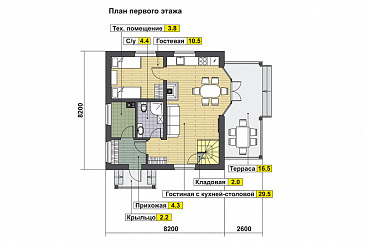Проект дома с гостевой на первом этаже, гостиной с кухней-столовой, крытой террасой, кладовой в эркере мансардного этажа / План 1 этажа