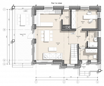 Проект двухэтажного дома из газобетона с кабинетом на первом этаже, тремя спальнями и балконом / План 1 этажа