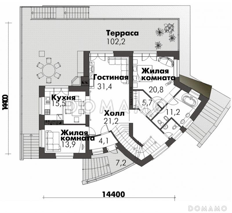 Дом оригинальной формы / План 1 этажа