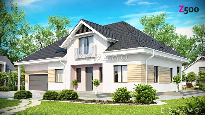 Проект просторного одноэтажного дома из газобетона со свободной зоной на мансардном этаже и со встроенным гаражом