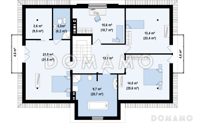 Проект комфортного одноэтажного мансардного дома из газобетона для двух семей в стиле русской усадьбы / План мансардного этажа