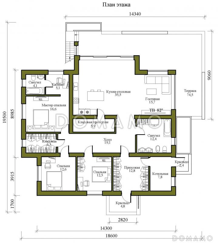 Проект одноэтажного просторного дома в стиле хай-тек с эксплуатируемой кровлей и просторной террасой / План 1 этажа