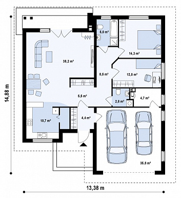 Проект одноэтажного дома из кирпича с просторной гостиной, большим гаражом и двумя спальнями / План 1 этажа