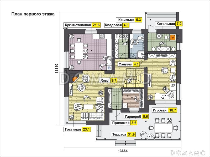 Проект загородного дома с игровой, крытой террасой, камином, просторной гостиной и кухней / План 1 этажа