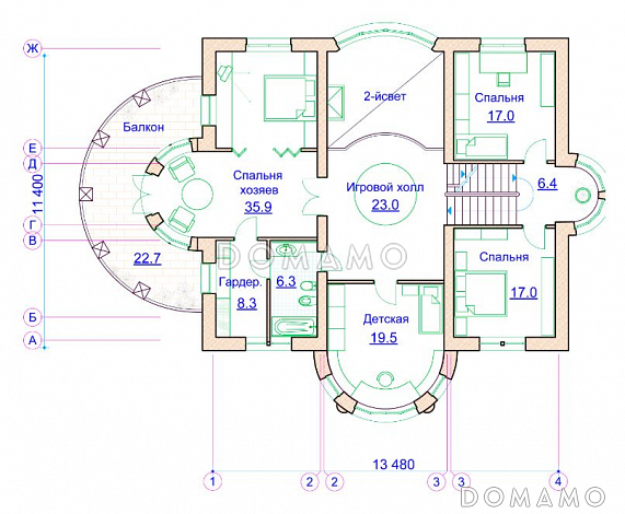 Проект коттеджа с двусветной гостиной, сауной и балконом / План 2 этажа