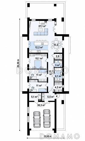 Проект современного одноэтажного дома из газобетона с тремя спальнями и пристроенным гаражом на два автомобиля / План 1 этажа