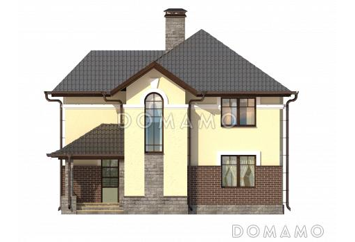 Проект дома с большой крытой террасой, просторной прихожей, ванной с окном на втором этаже / Фасад 4