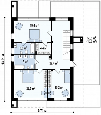Проект современного двухэтажного дома из газобетона с тремя спальнями, спортзалом и гаражом / План 2 этажа