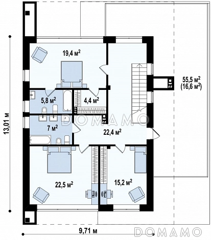 Проект современного двухэтажного дома из газобетона с тремя спальнями, спортзалом и гаражом / План 2 этажа