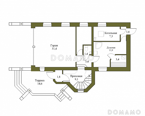 Проект большого коттеджа с башенкой, зимним садом и гаражом / План 1 этажа