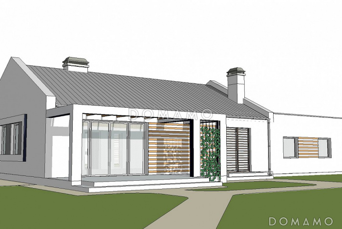 Проект одноэтажного дома из кирпича с современными элементами дизайна, с двумя спальнями и просторной дневной зоной и гаражом на 2 автомобиля