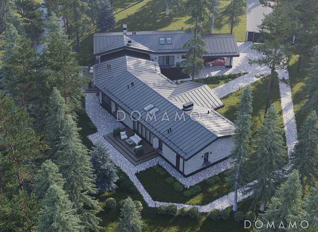 Проект дома сложной формы с 3 спальнями, спа-зоной, навесом для 2 машин и террасами