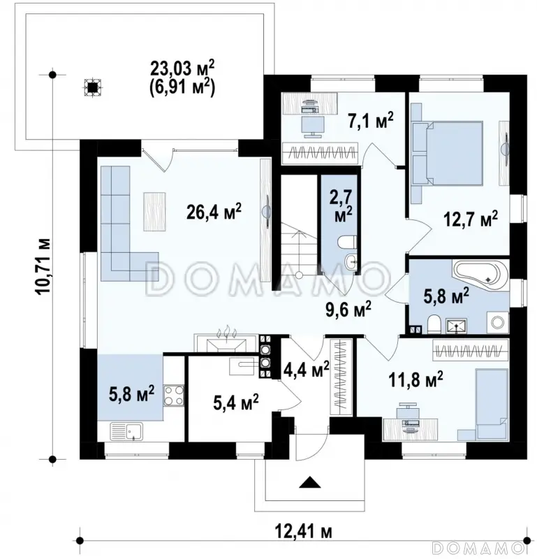 Проект одноэтажного дома из газобетона с тремя спальнями и небольшой крытой угловой террасой, с жилой мансардой / План 1 этажа