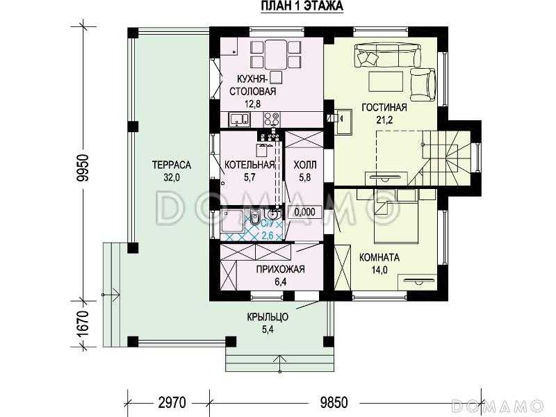 Проект двухэтажного дома из газобетона с пятью комнатами и крытой террасой / План 1 этажа