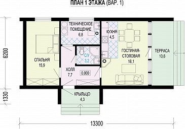 Проект каркасного дома в стиле барнхаус с одной спальней и кухней-гостиной / План 1 этажа