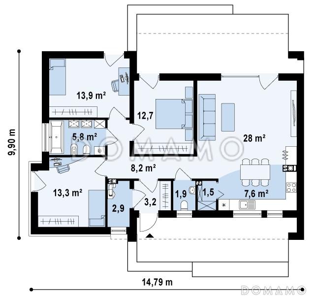 Проект одноэтажного дома из газобетона с плоской крышей с тремя спальнями / План 1 этажа