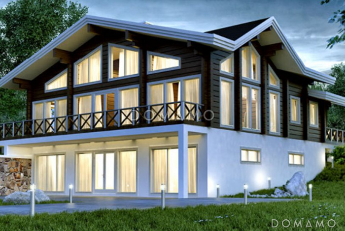 Проект дома из клееного бруса в стиле скандинавского шале с цокольным этажом