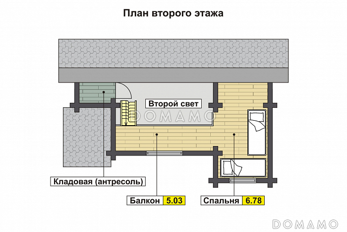 Проект узкого дома с косой крышей, кухней-гостиной, парной, спальней, балконом и вторым светом / План мансардного этажа