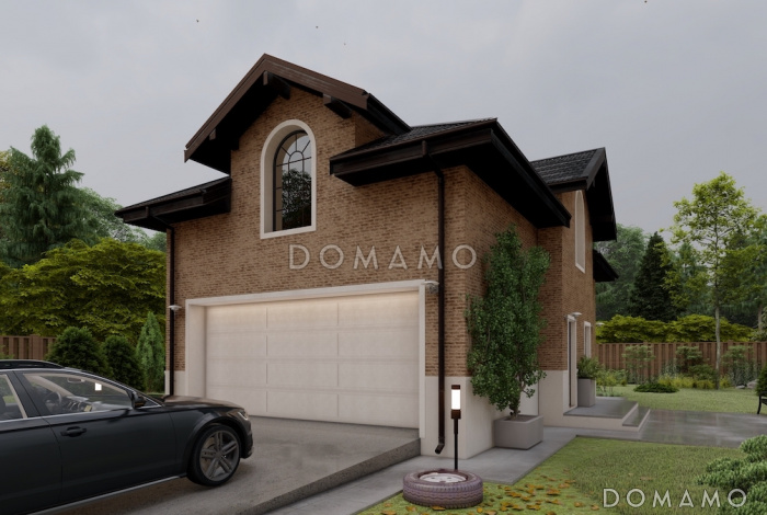 Проект гаража из газобетона с мансардным этажом и облицовкой из кирпича