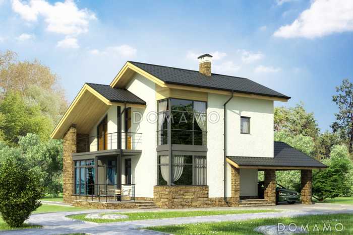 Проект дома с навесом для автомобиля, кухней-столовой с выходом на террасу, балконом