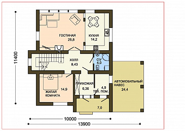 Проект загородного дома с каменного облицовкой крыльца и панорамными окнами гостиной / План 1 этажа