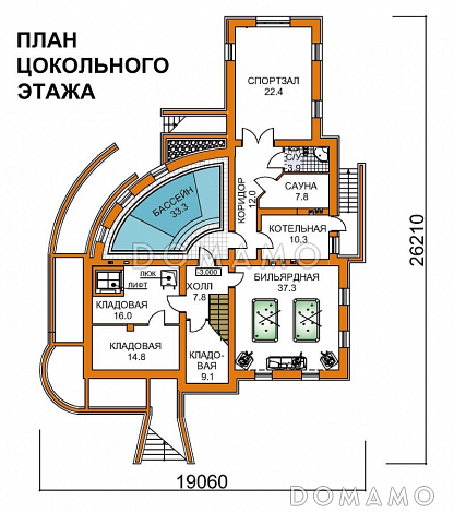 Проект четырехэтажного дома с необычной формой в плане, двусветной гостиной и бассейном / План цокольного этажа
