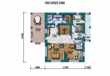 Проект дома из газобетона с террасой и тремя спальнями / План 1 этажа