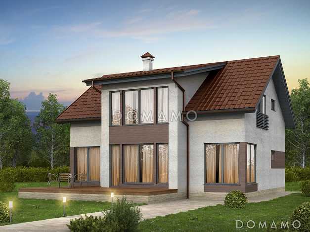 Проект современного каркасного дома с эркером и окнами в пол