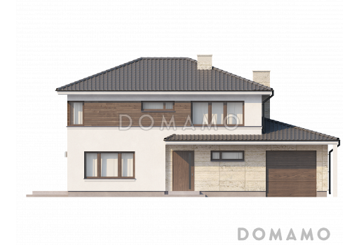 Проект современного двухэтажного дома из кирпича с четырьмя комнатами, гаражом, террасой и балконом / Фасад 1