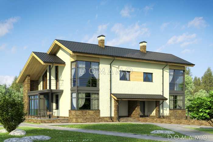 Проект дома на две семьи с большой кухней-столовой, гостиной с камином, террасой, длинным балконом