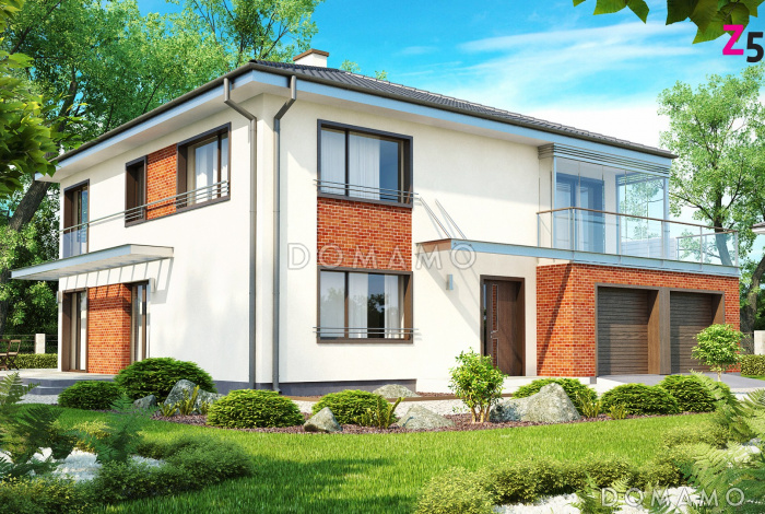 Проект просторного современного двухэтажного дома из кирпича, с пятью комнатами, гаражом и застеклённой террасой над ним