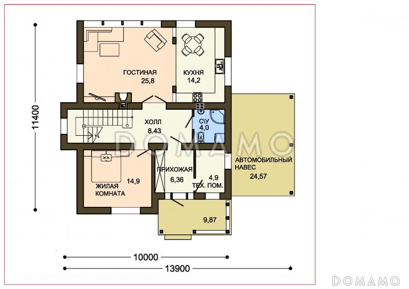 Проект бежевого двухэтажного дома с лоджией над крыльцом / План 1 этажа