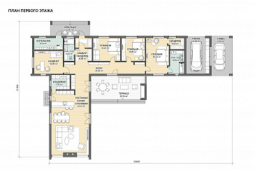 Проект просторного дома Г-образной формы с 3 спальнями, кабинетом, гаражом и крытой террасой с барбекю / План 1 этажа